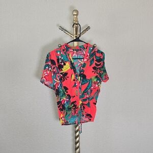 INC International Concepts Women's Tropical Button Down Shirt - Red and Green